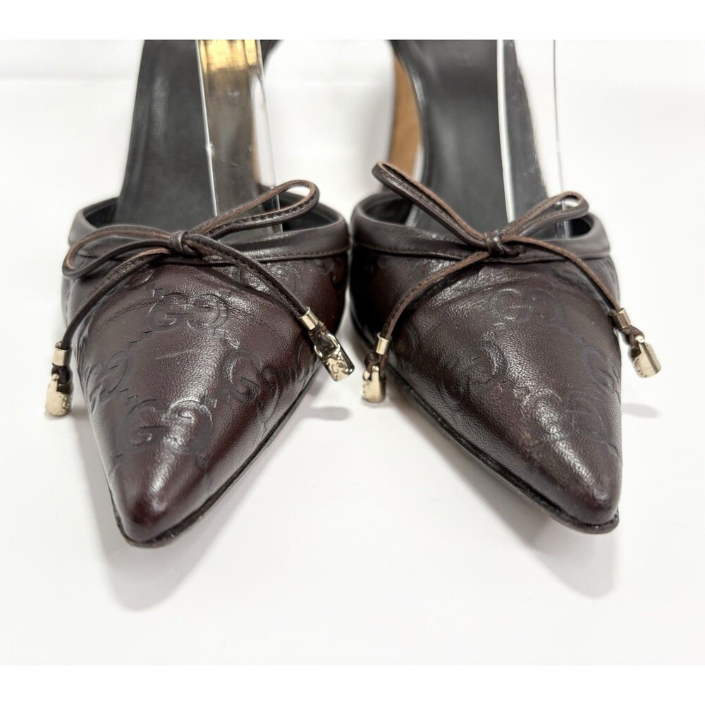 Gucci Brown Leather Guccissima GG Monogram Heels w/ Bow Accent Y2K Sz EU 36C 6 - Picture 8 of 14